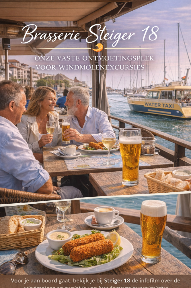 People dining outside with beer near waterfront, boat in background.